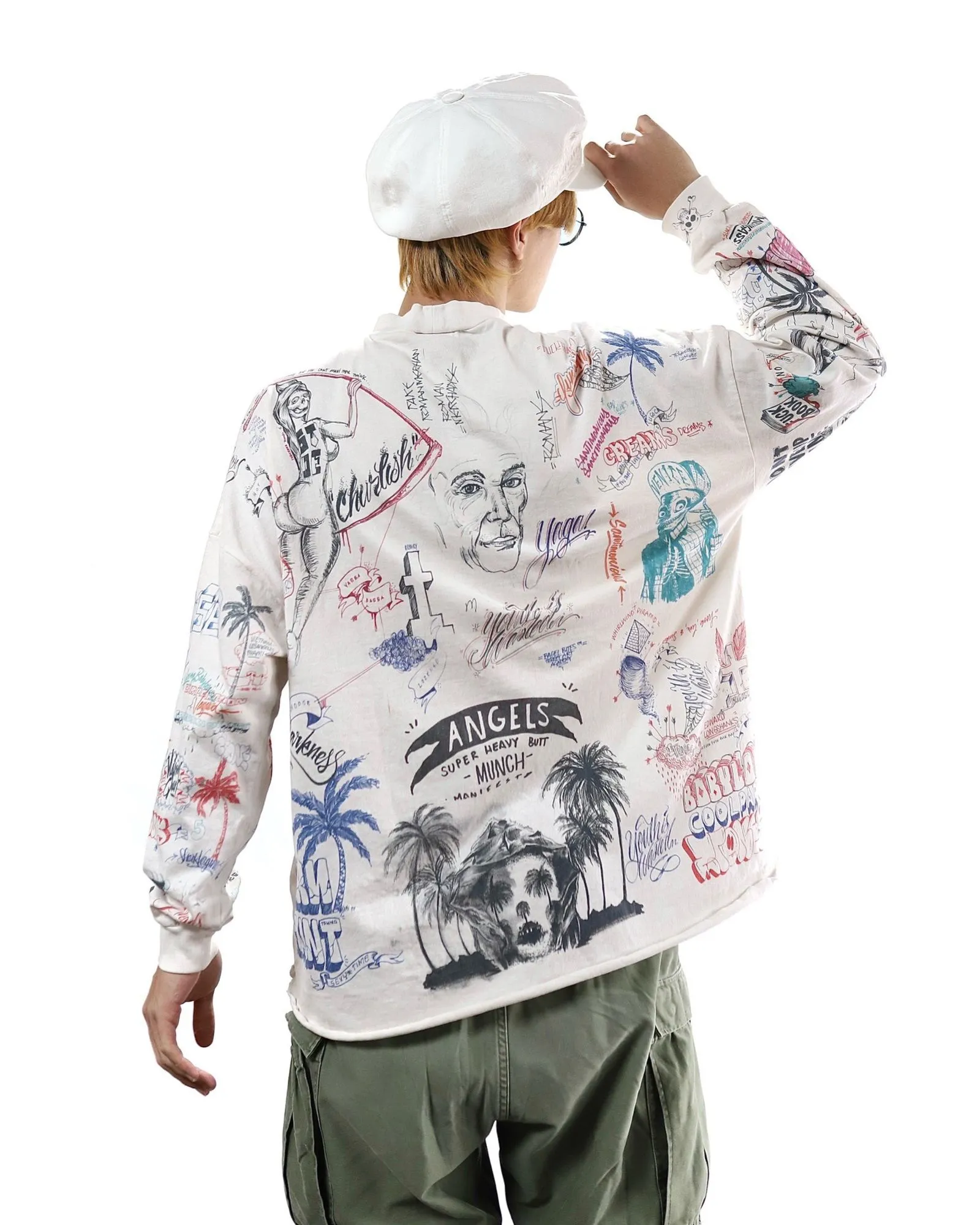 SAINT Mxxxxxx × BORNXRAISED BR_LS TEE/LA/WHT Latest co-branded model LA diamond all-over long sleeves off-white S-XL Super heavy work started in February and lasted three months Super complex 36 sets of screens Outlined pictures make you doubt your life Super perfect reproduction of printing Genuine Czech diamonds Pressure-free reproduction